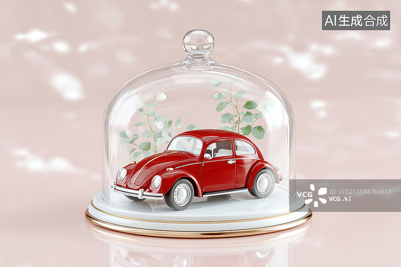 【AI数字艺术】红色甲虫汽车玻璃罩展示模型图片素材