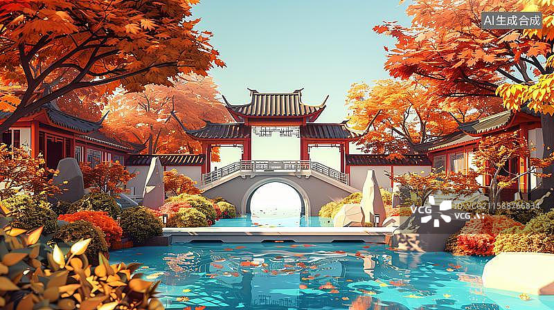 【AI数字艺术】秋日古韵园林意境 红叶掩映下的中式庭院  禅意庭院的秋日私语 日式庭院的静谧之美图片素材