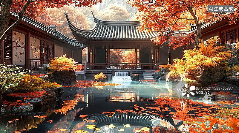 【AI数字艺术】秋日古韵园林意境 红叶掩映下的中式庭院  禅意庭院的秋日私语 日式庭院的静谧之美图片素材