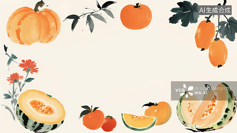 【AI数字艺术】水墨夏日水果花朵素材背景环绕最大图片素材