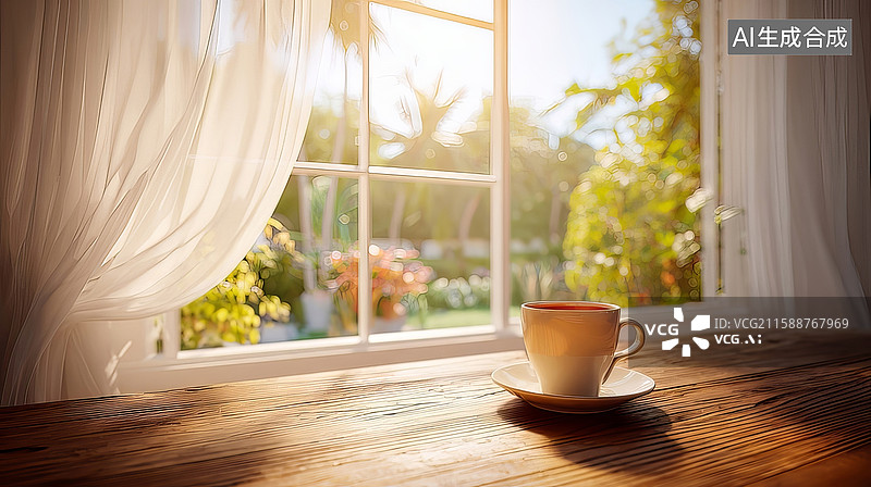 【AI数字艺术】窗边的咖啡杯图片素材