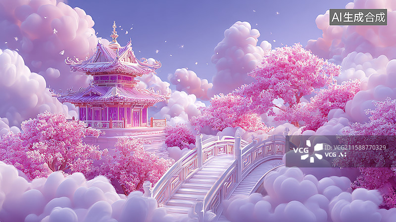 【AI数字艺术】梦幻粉红云中寺庙图片素材