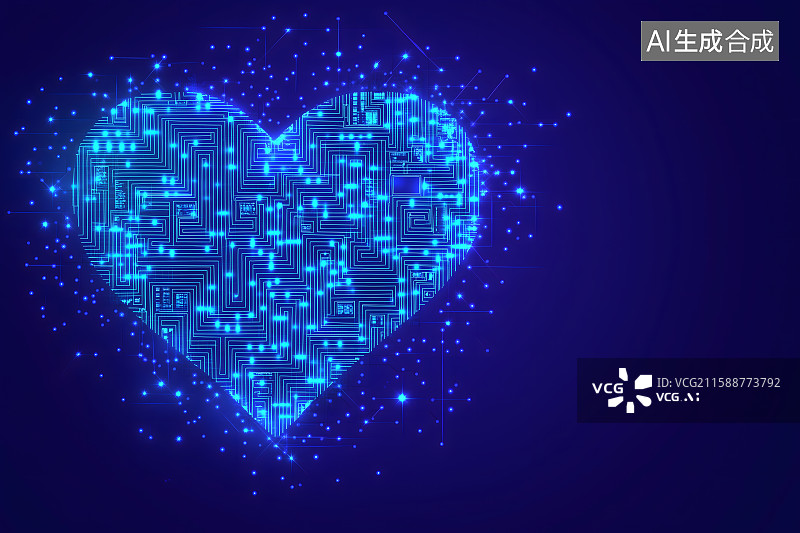 【AI数字艺术】心形图标爱的象征来自印刷板，心形电路板的情人节背景图片素材
