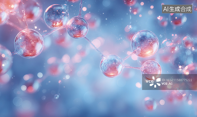 【AI数字艺术】微观分子结构背景图，以透明发光的球体与蓝色调，营造出梦幻空灵且具科技感的视觉效果图片素材