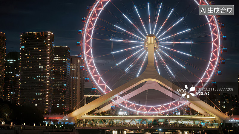【AI数字艺术】夜景中的摩天轮与城市建筑图片素材