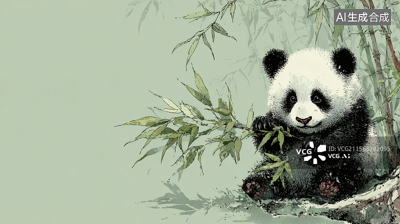 【AI数字艺术】绿色背景，竹林中的一只大熊猫，左边留白图片素材