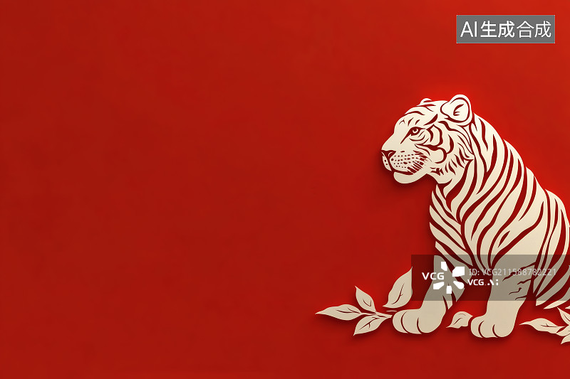 【AI数字艺术】红色背景，一只坐着的老虎，左边留白图片素材