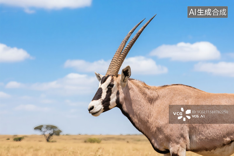 【AI数字艺术】蓝天白云，非洲的大草原上剑羚羊特写图片素材