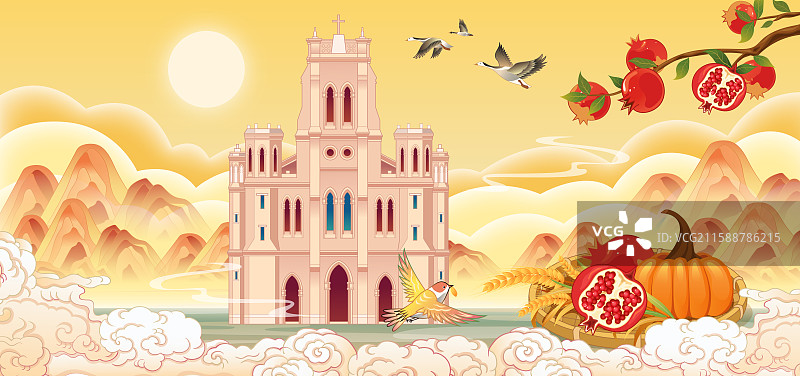 天津望海楼教堂国潮风二十四节气秋分城市建筑矢量插画海报图片素材