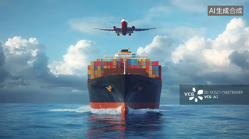 【AI数字艺术】大型集装箱船海运和飞机，国际贸易概念图片素材