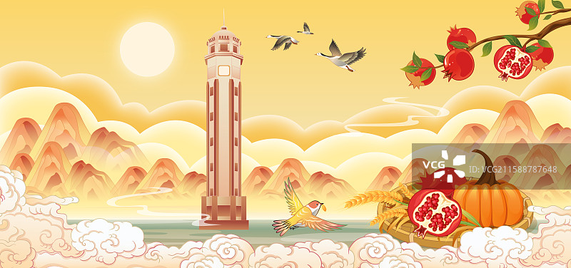 重庆解放碑国潮风二十四节气秋分城市建筑矢量插画海报图片素材