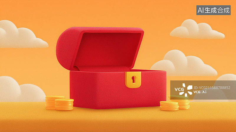 【AI数字艺术】红色打开宝箱与金币云朵场景图片素材