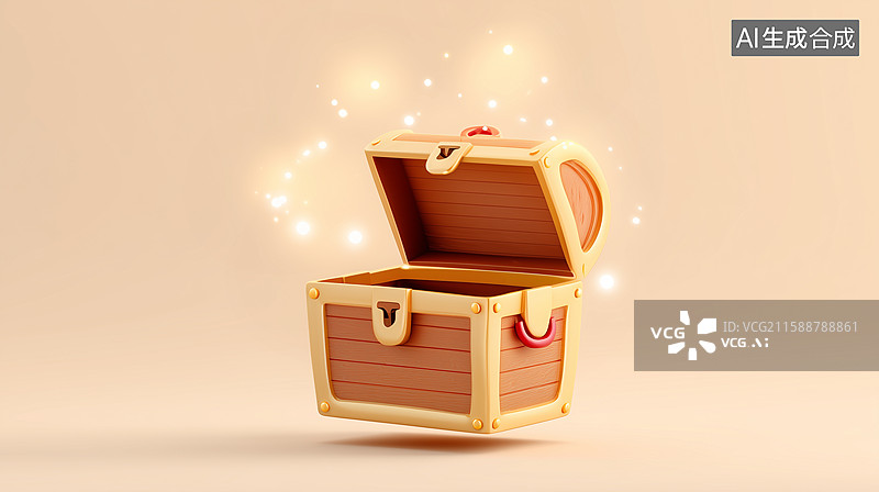 【AI数字艺术】3D卡通打开的木质宝箱图片素材