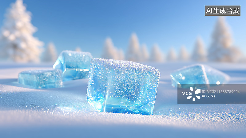 【AI数字艺术】冬日雪景蓝色冰块场景图片素材