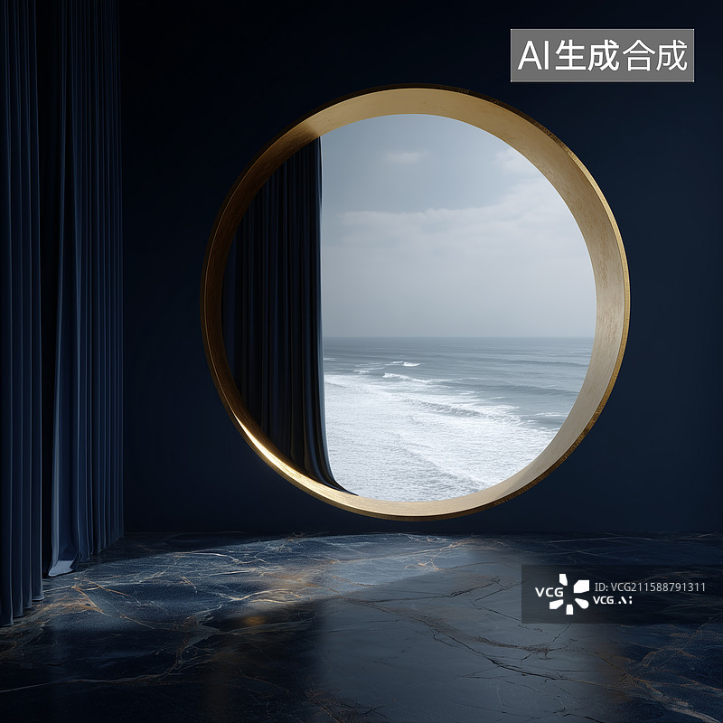 【AI数字艺术】深蓝金几何圆形窗海景图片素材