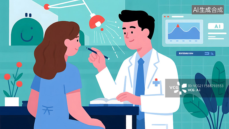 【AI数字艺术】扁平风医护人员运用ai技术看病职场商务插画图片素材
