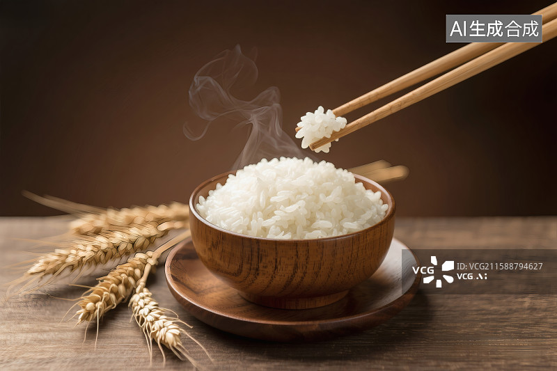【AI数字艺术】木碗中冒着热气的大米饭，桌边的麦穗，一把筷子挑起一团米饭图片素材