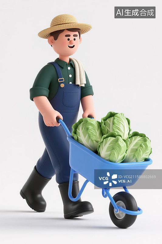 【AI数字艺术】用独轮车推着一车白菜的农民3d插画图片素材