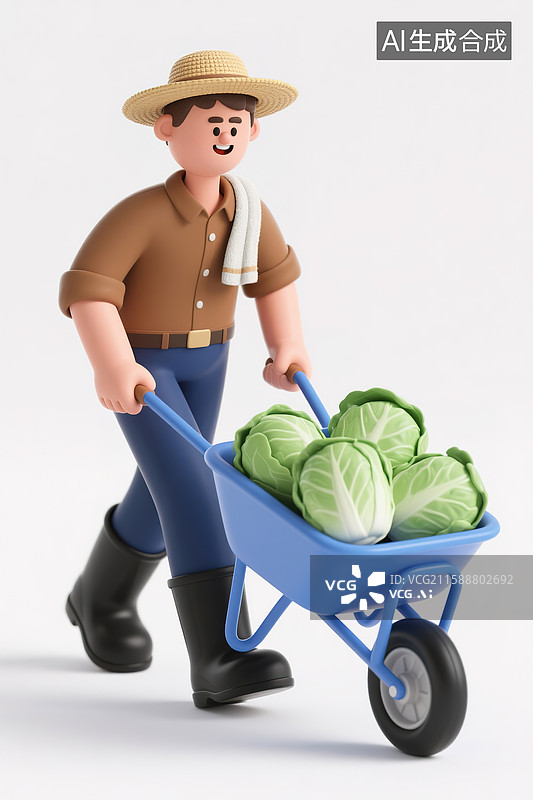 【AI数字艺术】用独轮车推着一车白菜的农民3d插画图片素材