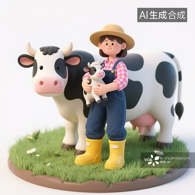 【AI数字艺术】奶牛饲养员抱着一只小奶牛3d插画图片素材