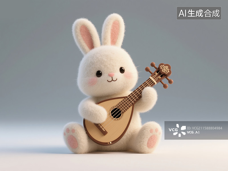 【AI数字艺术】奇思妙想的毛毡质感3D中秋节插画可爱兔子弹奏琵琶创意抽象商业背景文化活动、海报和故事书图片素材