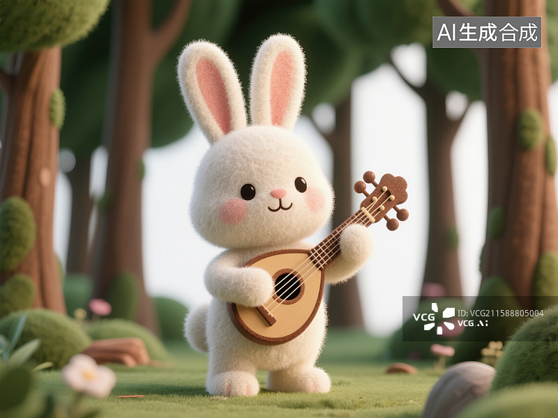 【AI数字艺术】奇幻3D中秋节毛毡质感插画可爱兔子在魔法森林中弹琵琶创意抽象商业背景文化活动、海报和故事书图片素材