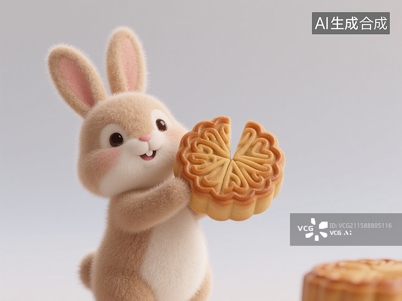 【AI数字艺术】奇思妙想的中秋节3D创意毛毡动物插画可爱兔子举着切开的月饼抽象商业背景海报、横幅、书籍封面和文化活动图片素材