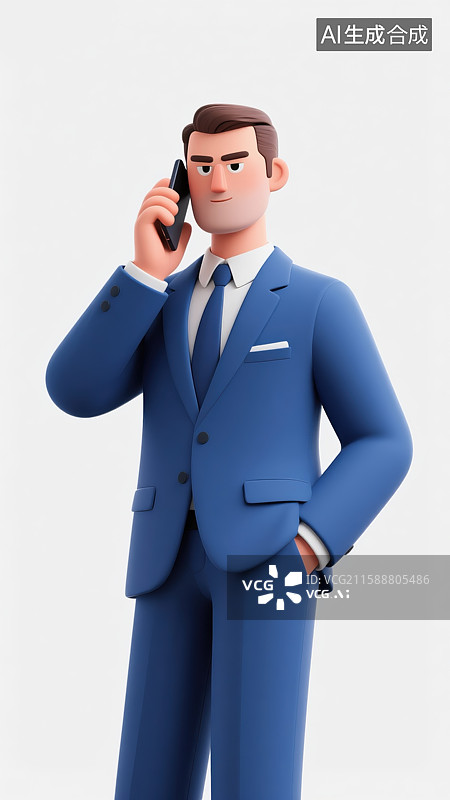 【AI数字艺术】自信的3D商务男士身着蓝色西装通话企业和金融创意职业插画锐利眼神专业人士沟通中多媒体设计元素图片素材