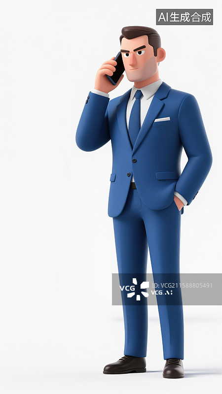 【AI数字艺术】自信的3D商务男士身着蓝色西装通话企业和金融创意职业插画锐利眼神专业人士沟通中多媒体设计元素图片素材