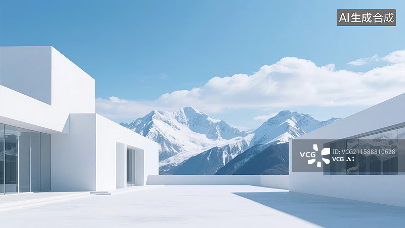 【AI数字艺术】雪山前的现代白色建筑图片素材