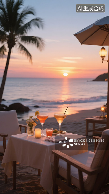 【AI数字艺术】海滩日落下的浪漫餐桌图片素材