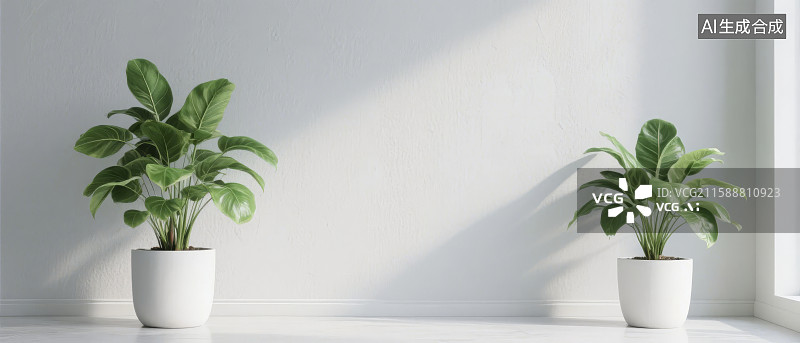 【AI数字艺术】窗边两盆绿植的静谧场景图片素材