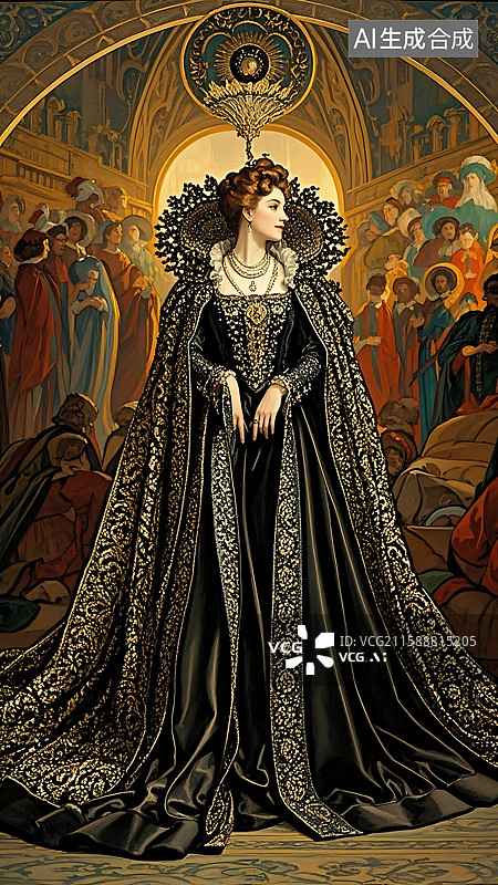 【AI数字艺术】雍容华贵的黑金长裙贵妇图片素材