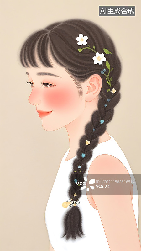 【AI数字艺术】少女侧影与编发花饰图片素材