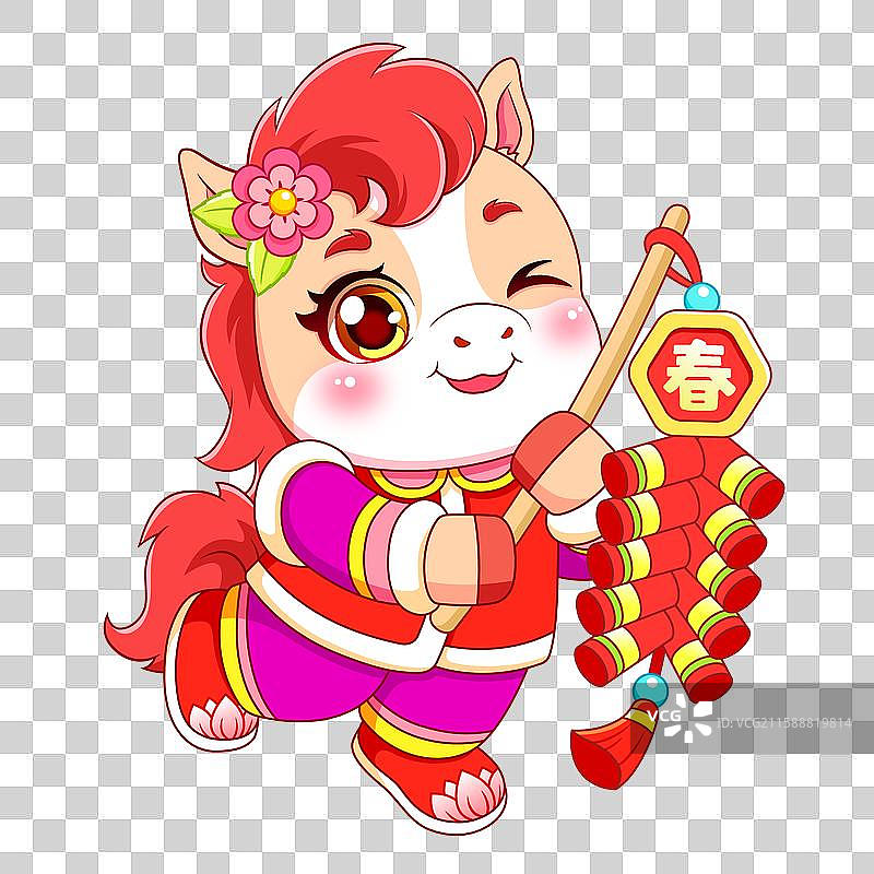 马年马卡通形象福娃放鞭炮图片素材
