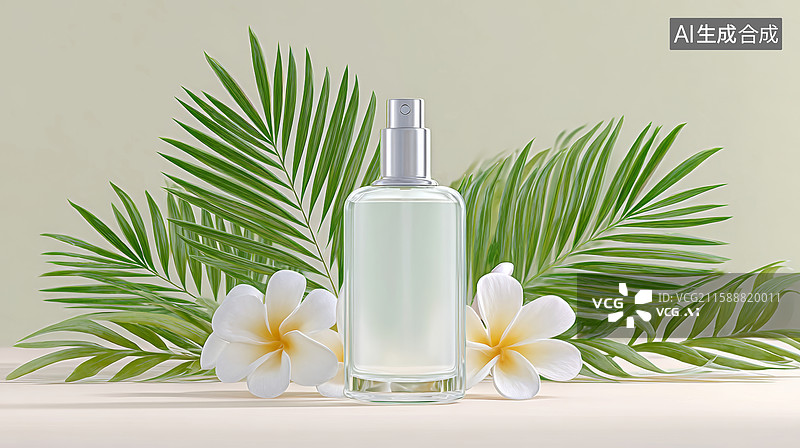 【AI数字艺术】绿叶前摆放着喷雾瓶和两朵鸡蛋花图片素材