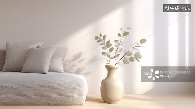 【AI数字艺术】室内的米色沙发和花瓶图片素材