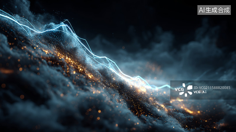 【AI数字艺术】蓝光曲线与金粒在暗色烟雾中图片素材