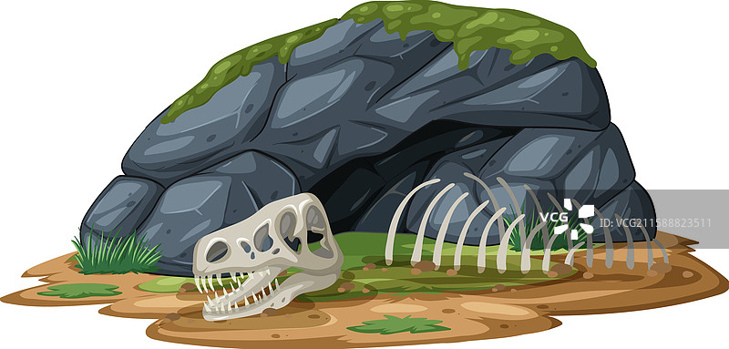 一具恐龙化石靠近一个覆盖着苔藓的岩洞图片素材
