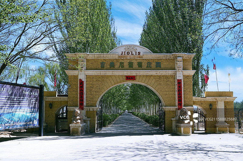 吉奥尼葡萄庄园   建筑  拱门 石狮子  大门  树木 天空 蓝天 白云  葡萄树图片素材