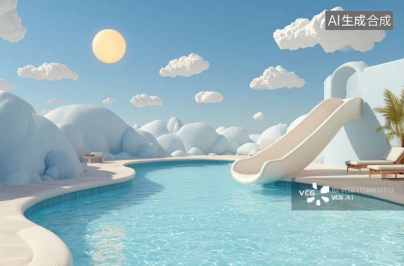 【AI数字艺术】梦幻泳池与云朵滑梯图片素材