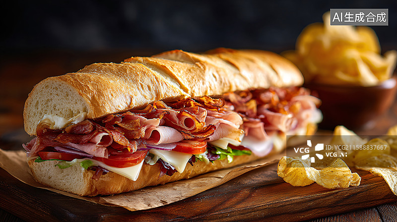 【AI数字艺术】美味长条形火腿培根三明治图片素材