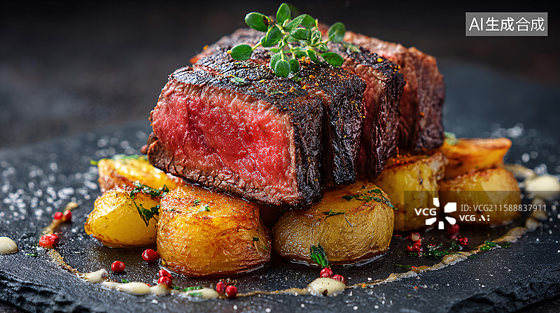 【AI数字艺术】三分熟牛排配烤土豆图片素材