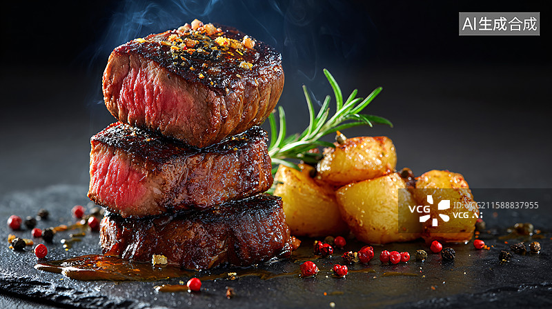 【AI数字艺术】三分熟牛排配烤土豆图片素材