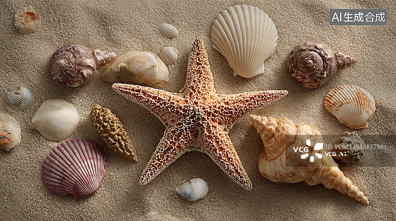 【AI数字艺术】沙滩上的海星与贝壳图片素材