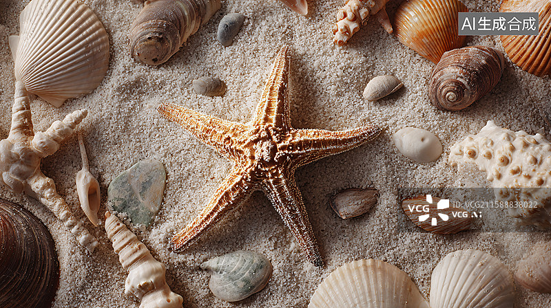 【AI数字艺术】沙滩上的海星与贝壳图片素材