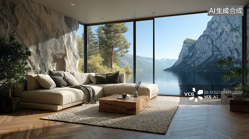 【AI数字艺术】现代客厅与湖景山色的完美融合图片素材