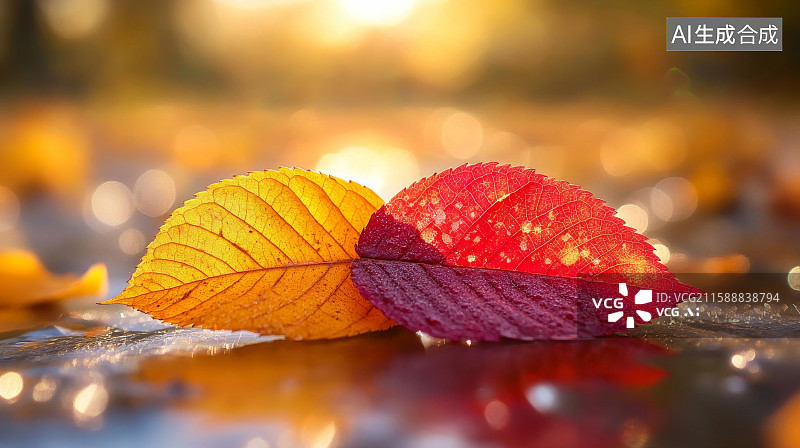 【AI数字艺术】秋天红黄树叶落叶特写图片素材