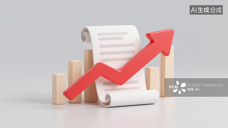 【AI数字艺术】一卷展开的卷轴搭配红色立体箭头和后面的立体柱状图，数据增长业务上升商业发展概念图片素材
