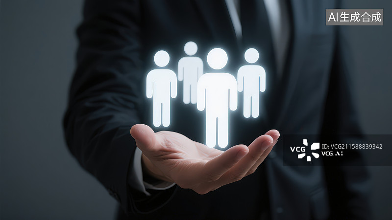 【AI数字艺术】一位穿着西装的男人的手上是发光人形图案标志，团队合作和团队领导概念人力资源主题商务背景图片素材